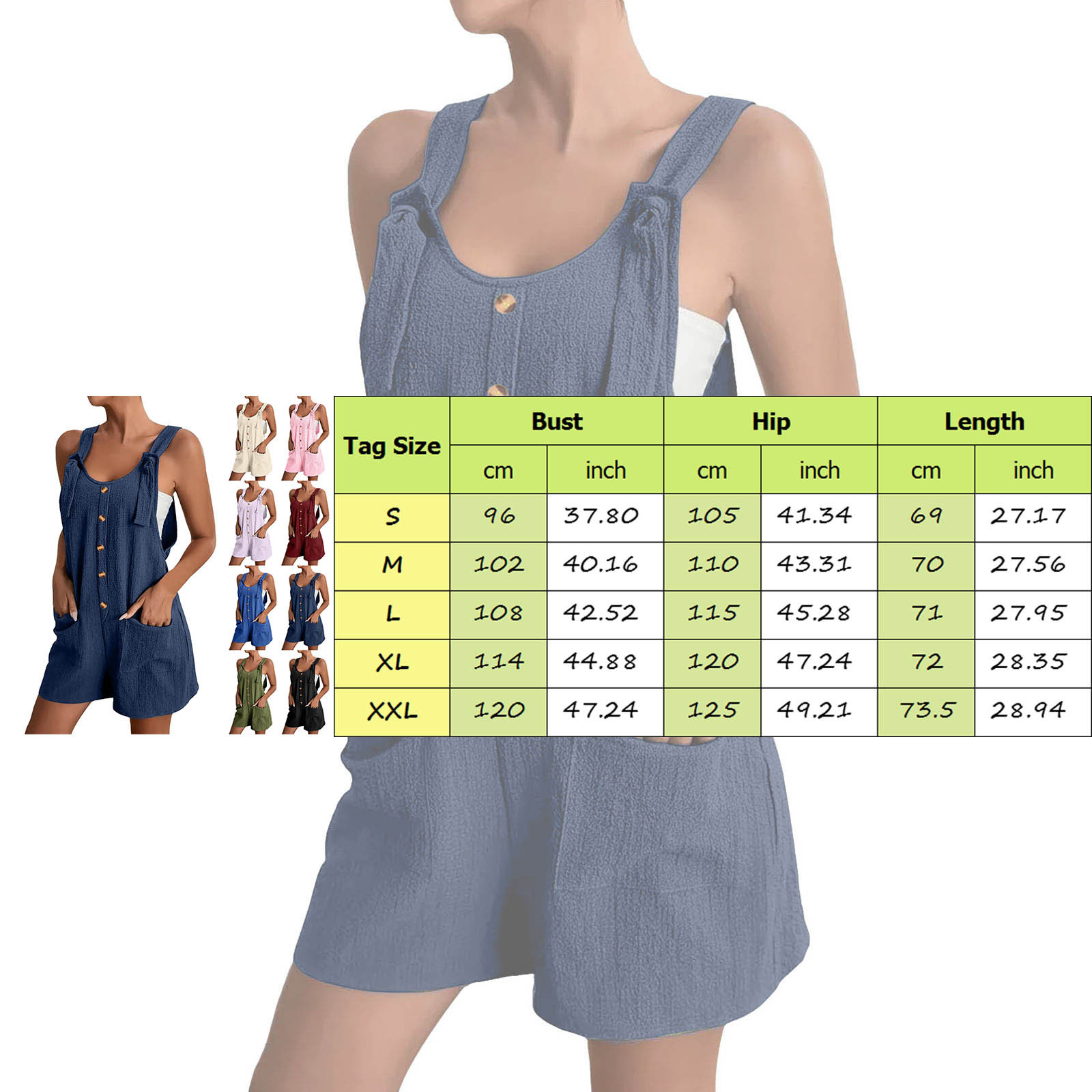 thumbnail image 4 of Mono corto de verano informal con botones para mujer - Poliéster, sin mangas, pantalón corto ancho - S-XXL, 4 of 5